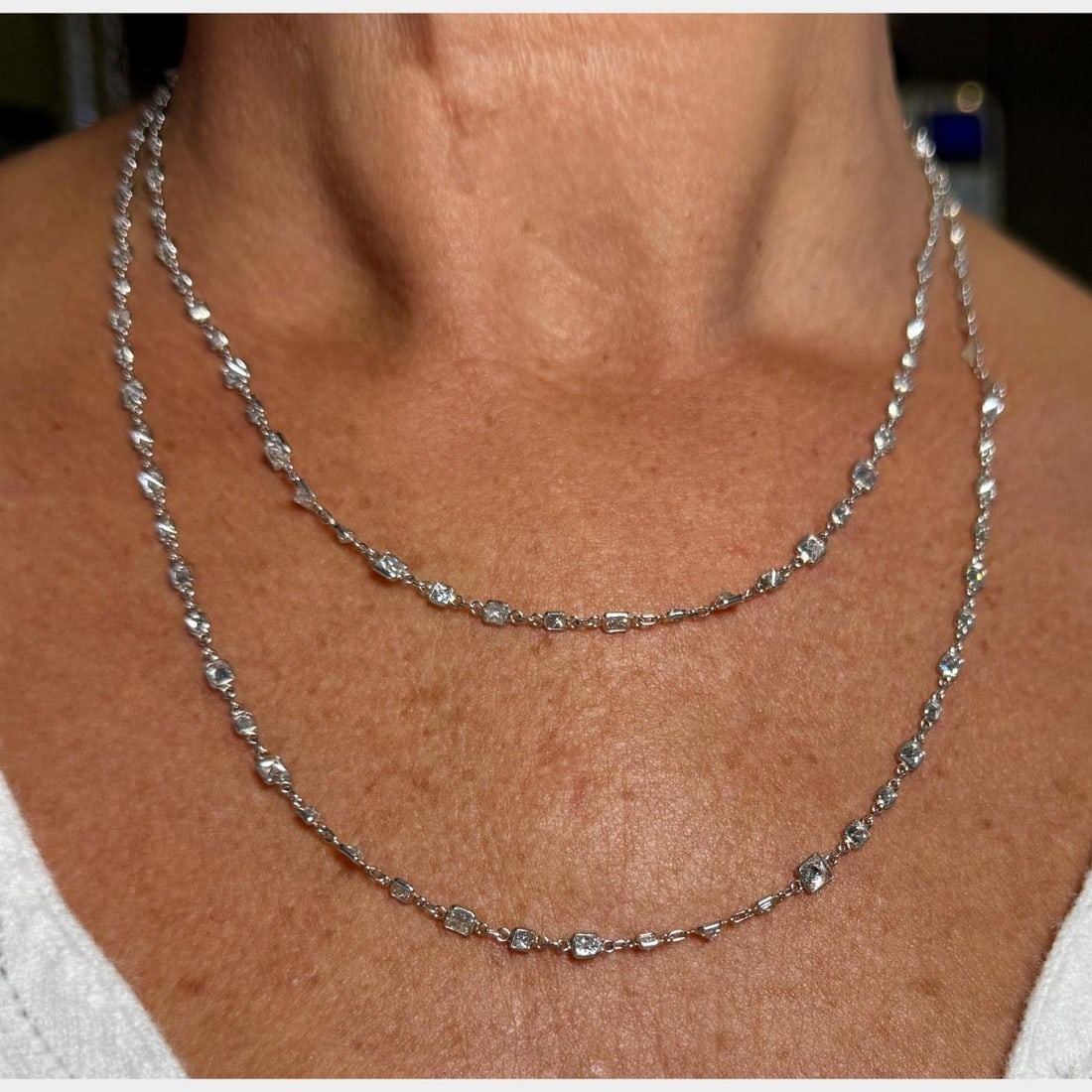 Platinum 22.50 Ct Diamond By The Yard Necklace 38 Inches: Platinum 22.50 Ct Diamond By The Yard Necklace 38 Inches This exquisite Platinum Diamond by the Yard Necklace features a total of 127 sparkling diamonds, weighing approximately 22.50 carats. The diamo