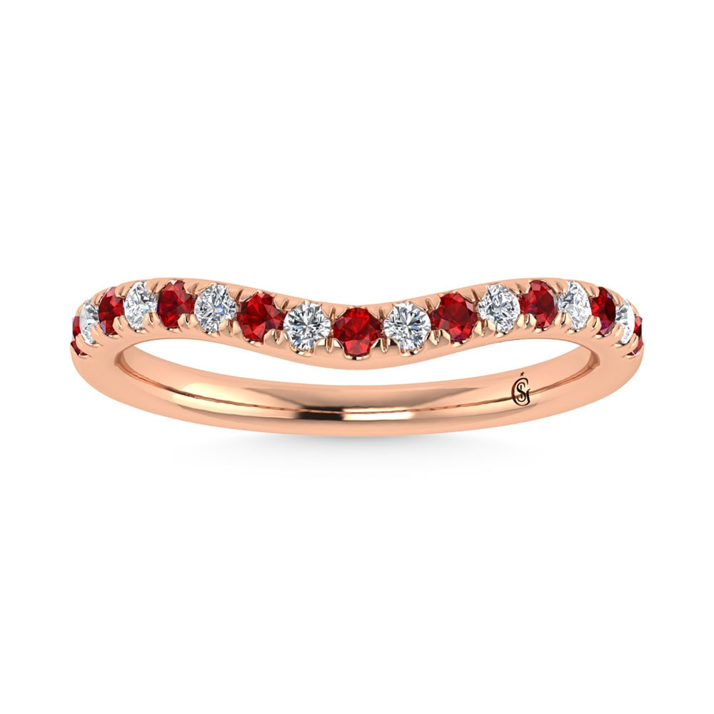 14K Rose Gold Ruby and Diamond 1/3 Ct.Tw. Ruby Curve Band: 14K Rose Gold Ruby and Diamond 1/3 Ct.Tw. Ruby Curve Band 14k Rose Gold Stone Color: G-h Stone Clarity: I2 Each ring is presented in standard size 6.5. Complimentary resizing is available between size