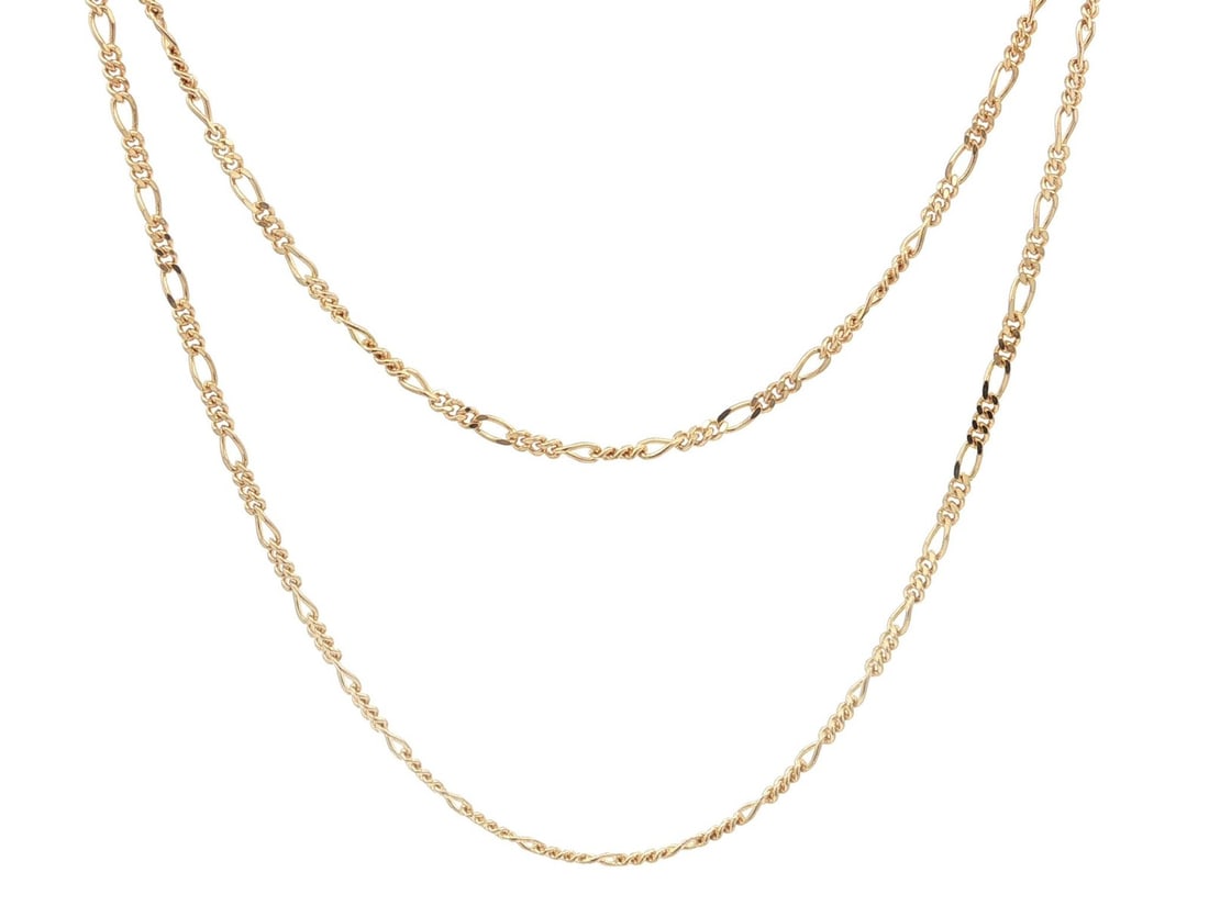 17.5 Inch 14k Yellow Gold Figaro Chain Necklace Italian Made 1.5mm: 17.5 Inch 14k Yellow Gold Figaro Chain Necklace Italian Made 1.5mm This Italian Figaro link chain necklace is crafted from solid 14k yellow gold. Measuring 17.5 inches in length, the chain features a 
