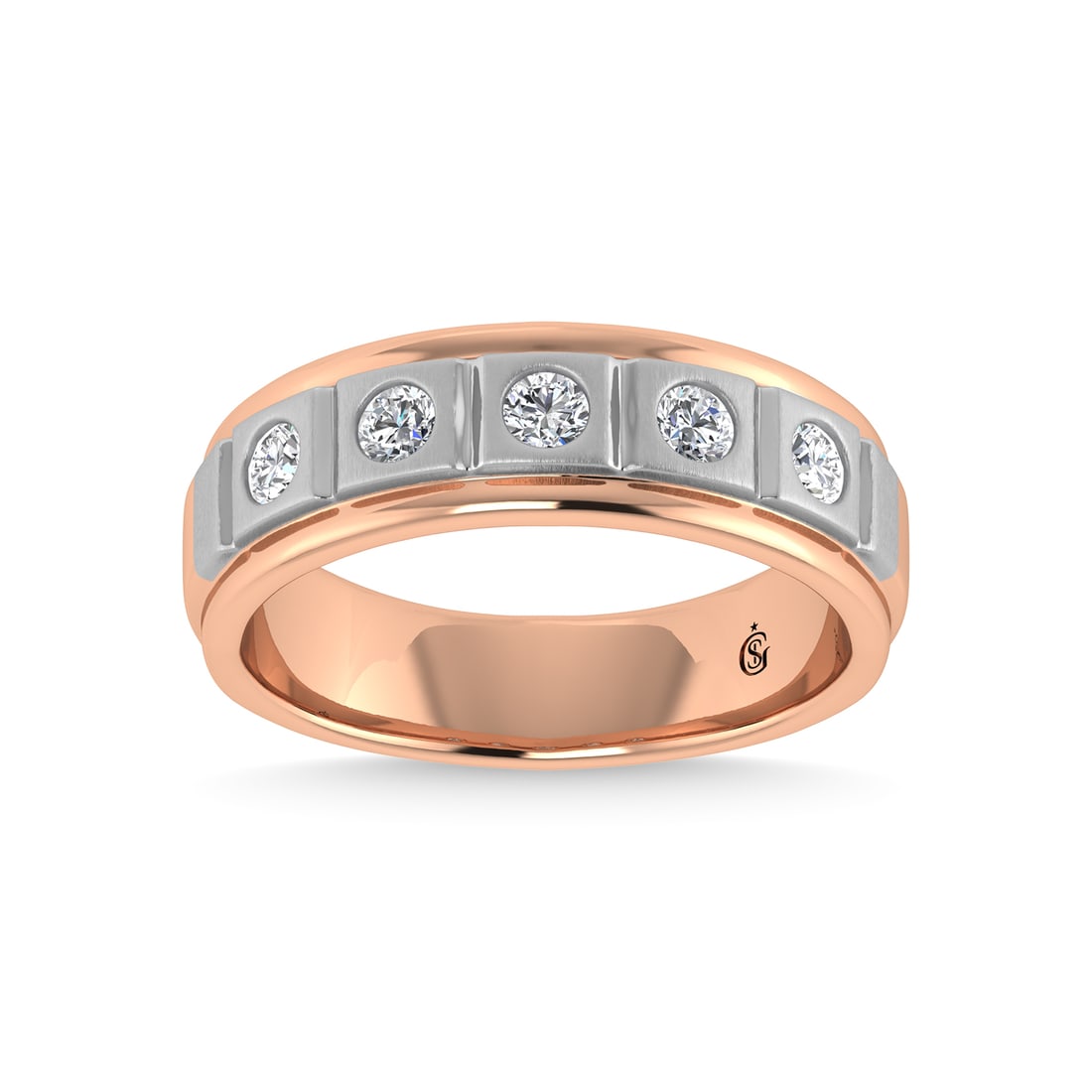 14K Rose Gold Diamond 1/2 Ct.Tw. With White Rhodium Facet Mens Machine Band: 14K Rose Gold Diamond 1/2 Ct.Tw. With White Rhodium Facet Mens Machine Band 14k Rose Gold Stone Color: G-h Stone Clarity: I1-i2 Each ring is presented in standard size 6.5. Complimentary resizing is a