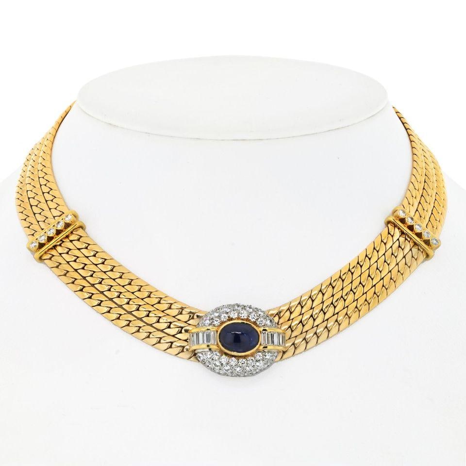 Van Cleef & Arpels 18K Gold Sapphire Diamond Three Strand Necklace: Van Cleef & Arpels 18K Gold Sapphire Diamond Three Strand Necklace Experience the epitome of luxury with this exquisite Van Cleef & Arpels necklace, crafted from 18K yellow gold and featuring a stunni