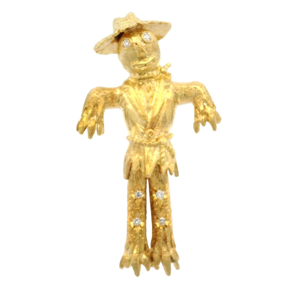 Vintage Yellow Gold Diamond Scarecrow Brooch with Swinging Legs: Vintage Yellow Gold Diamond Scarecrow Brooch with Swinging Legs This stunning vintage brooch showcases a charming scarecrow design crafted from solid yellow gold. Adorned with six natural, genuine dia