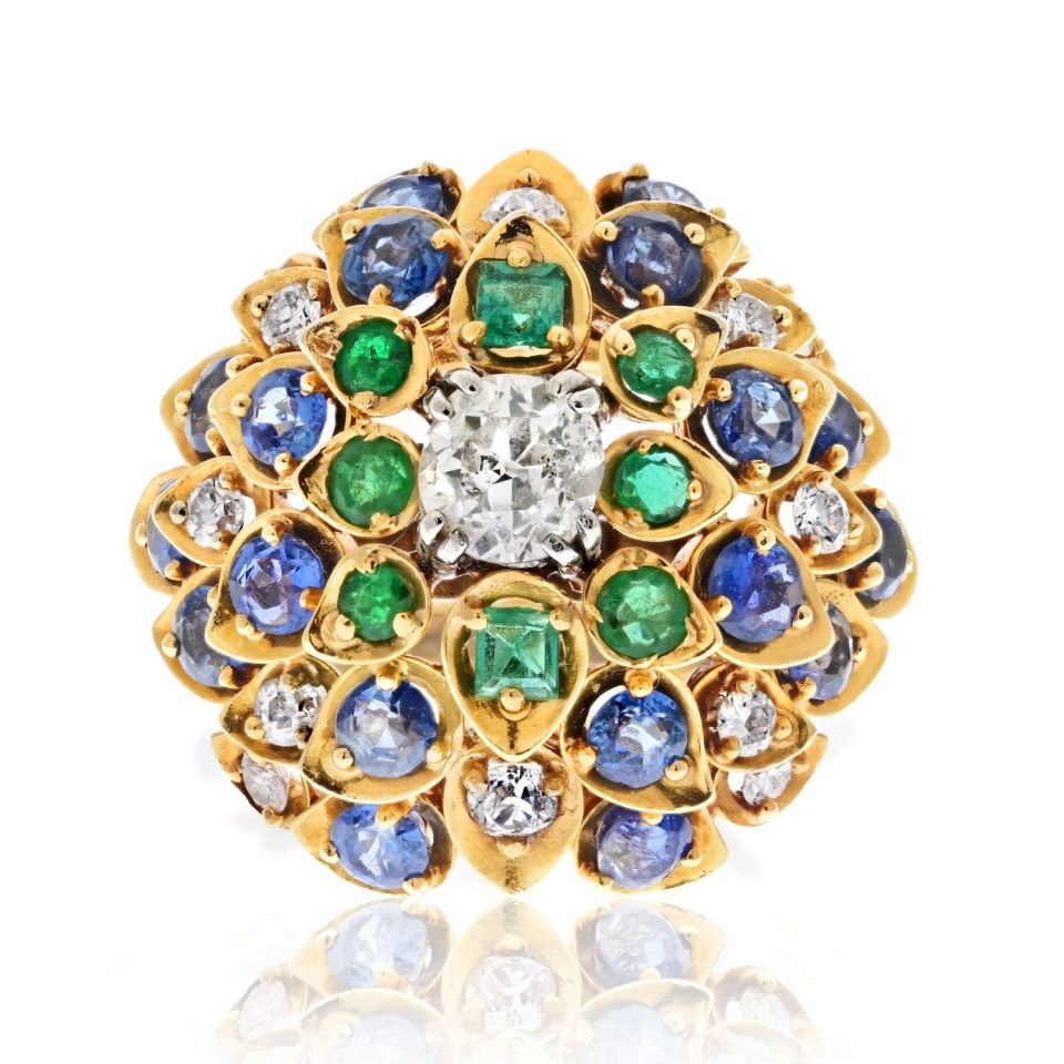 David Webb 18K Yellow Gold Ring with Diamonds Sapphires Emeralds: David Webb 18K Yellow Gold Ring with Diamonds Sapphires Emeralds This exquisite estate ring by David Webb features a stunning combination of diamonds, sapphires, and emeralds, all set in luxurious 18K