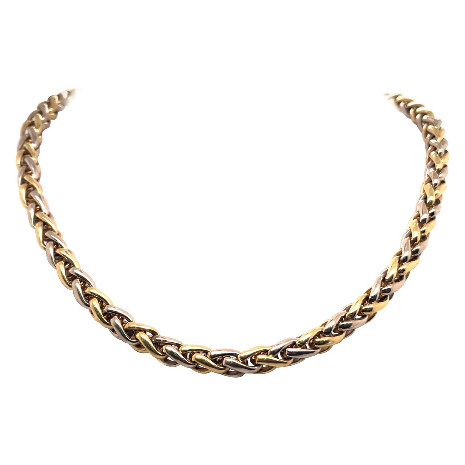 Harbor Diamonds Two-Tone Braided Necklace 14K Gold 37.5g Vintage: Harbor Diamonds Two-Tone Braided Necklace 14K Gold 37.5g Vintage This exquisite necklace showcases a stunning two-tone braided design crafted from 14 karat yellow and white gold. The contemporary styl