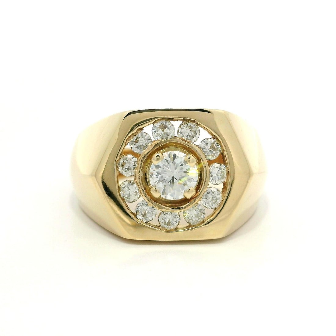 Men's 14k Yellow Gold 1.11ct Diamond Halo Hexagonal Band Ring: Men's 14k Yellow Gold 1.11ct Diamond Halo Hexagonal Band Ring This stunning men's ring features a unique hexagonal wide band design crafted from solid 14k yellow gold. The centerpiece showcases a natu