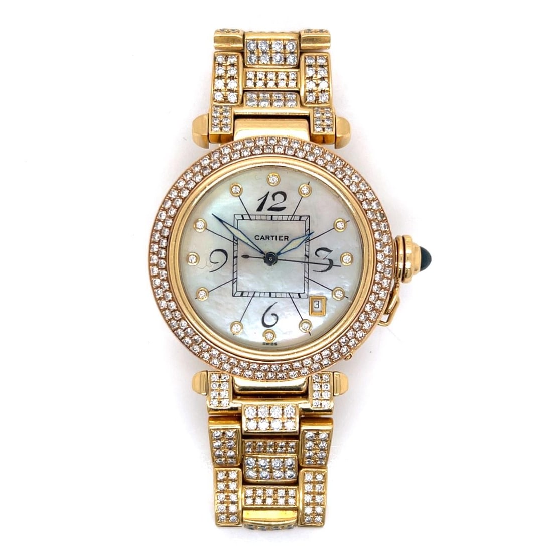CARTIER 18K Yellow Gold Pasha Watch with 604 Aftermarket Diamonds: CARTIER 18K Yellow Gold Pasha Watch with 604 Aftermarket Diamonds This exquisite Cartier Pasha watch features a luxurious 18K yellow gold case measuring 38mm. It weighs 149.5 grams and is adorned with