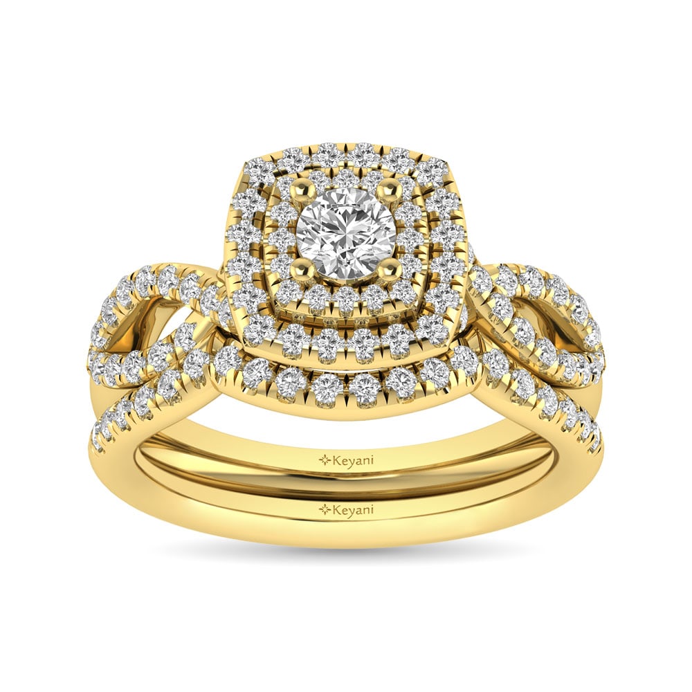 Diamond Twist Shank Double Halo Bridal Ring 1 Ct.tw Round Cut in 14K Yellow Gold: Diamond Twist Shank Double Halo Bridal Ring 1 Ct.tw Round Cut in 14K Yellow Gold This Twist Shank Double Halo Bridal Ring set with Round Cut diamond 1/4 Ct.Tw. center. Total diamond weight 1 Ct.Tw.