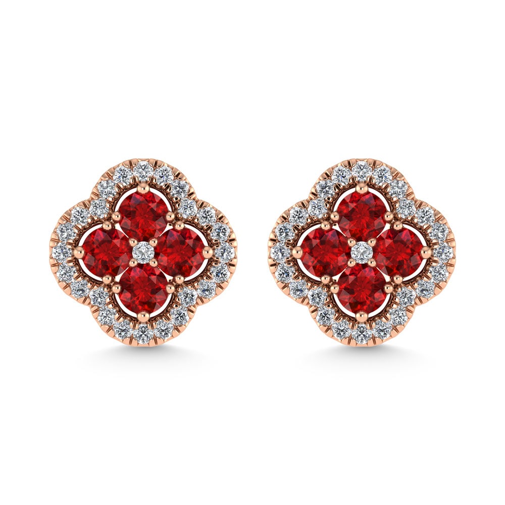 14K Rose Gold Diamond 7/8 Ct.Tw. and Ruby Clover Earrings - 2