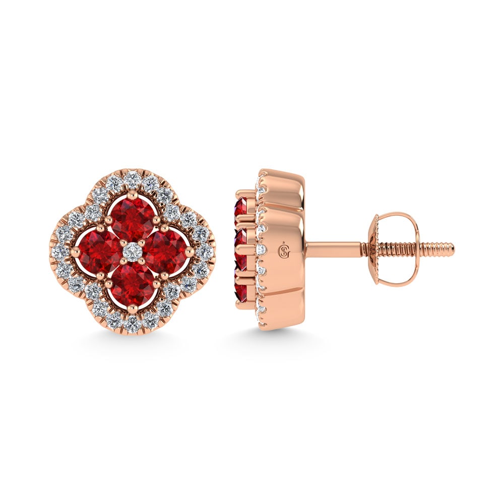 14K Rose Gold Diamond 7/8 Ct.Tw. and Ruby Clover Earrings - 3