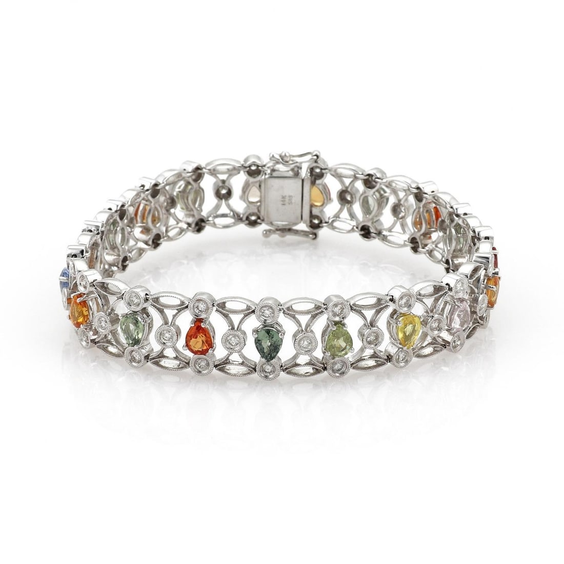 14k White Gold Bracelet with 1.51ct Diamonds and Multicolor Sapphires: 14k White Gold Bracelet with 1.51ct Diamonds and Multicolor Sapphires This stunning bracelet is made from 14k white gold featuring a textured polished finish. Measuring 7" long and 0.5" wide, it showc