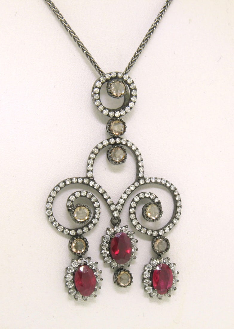 18k Black Gold Edwardian Necklace 4.39ctw Rose Diamond Blood Ruby: 18k Black Gold Edwardian Necklace 4.39ctw Rose Diamond Blood Ruby This exquisite necklace showcases a stunning combination of 18k black gold, rose diamonds, and blood rubies, embodying a classic Edwar
