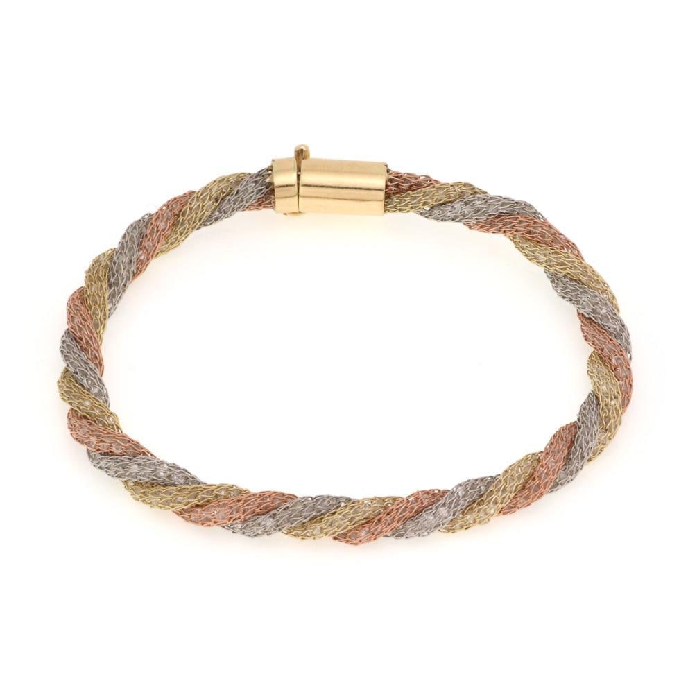 Vintage 14k Tri-Color Gold Twisted Mesh Bracelet with CZ Stones: Vintage 14k Tri-Color Gold Twisted Mesh Bracelet with CZ Stones This exquisite vintage bracelet showcases a stunning tri-color design, meticulously crafted from 14k rose, white, and yellow gold. The