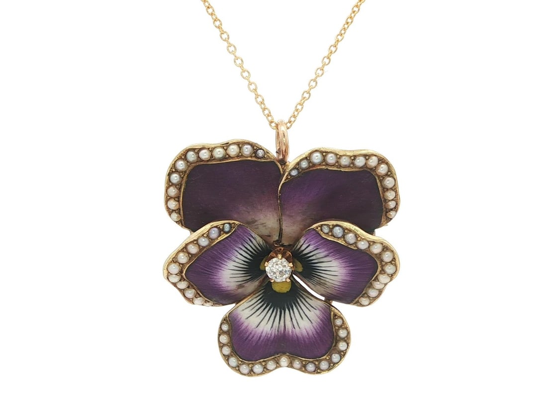 Antique 14k Gold Pansy Flower Brooch Pendant with Pearl and Diamond: Antique 14k Gold Pansy Flower Brooch Pendant with Pearl and Diamond This exquisite antique brooch pendant features a stunning pansy flower design, crafted from solid 14k yellow gold adorned with intri