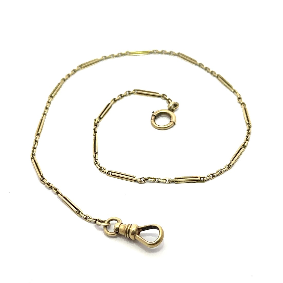 13 Inch Textured Yellow Gold Watch Chain with Beveled Cable Links: 13 Inch Textured Yellow Gold Watch Chain with Beveled Cable Links This vintage watch chain is crafted from solid 13k-14k yellow gold and features a textured link design with beveled cable links. Measu