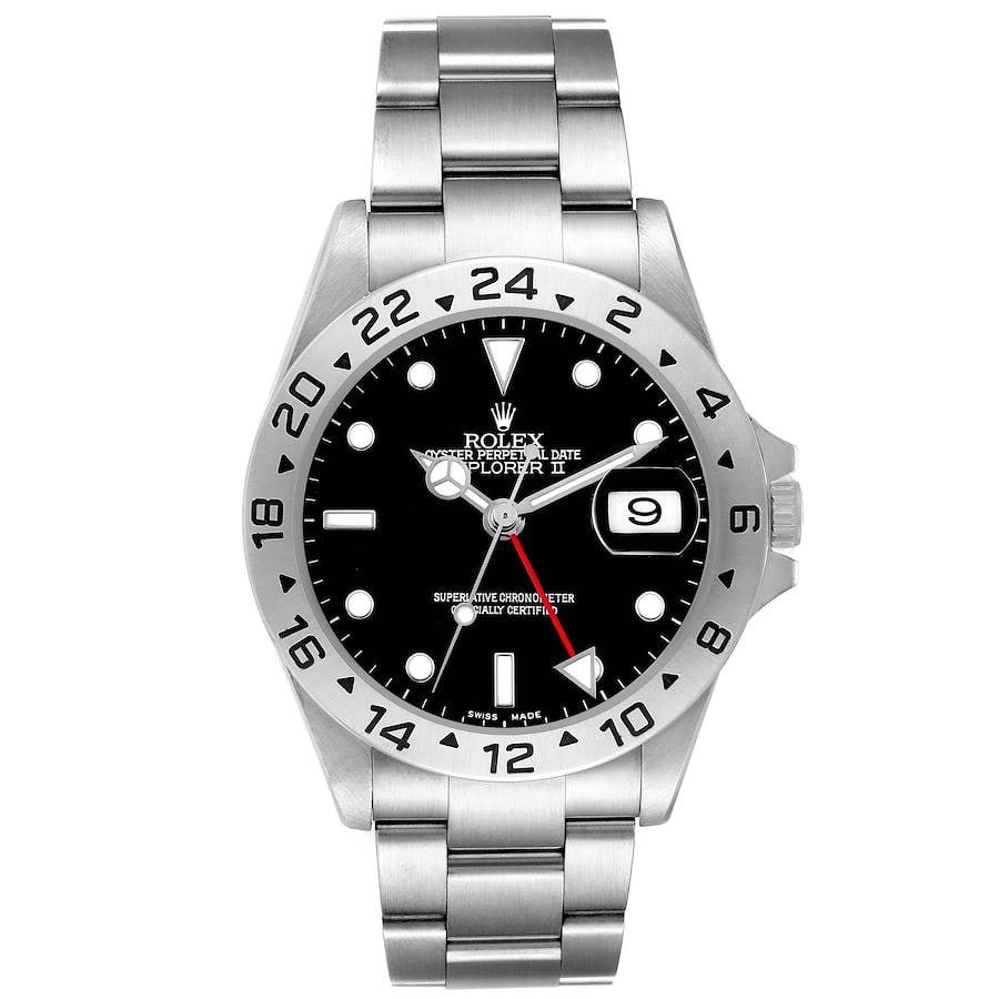Explorer II 16570 Black Dial Mens Watch With Papers 1998: Explorer II 16570 Black Dial Mens Watch With Papers 1998 This is a men's Rolex Explorer II wristwatch, reference number 16570, featuring a black dial and a fixed bezel. The watch comes with an Oyster 