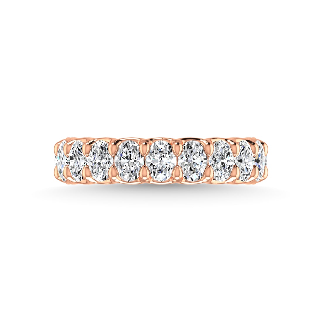 14K Rose Gold 3 3/4 CT Tw. Oval Shape Lab Grown Diamond Three Forth Eternity Band: 14K Rose Gold 3 3/4 CT Tw. Oval Shape Lab Grown Diamond Three Forth Eternity Band 14k Rose Gold Stone Color: F Stone Clarity: Vs Each ring is presented in standard size 6.5. Complimentary resizing is 