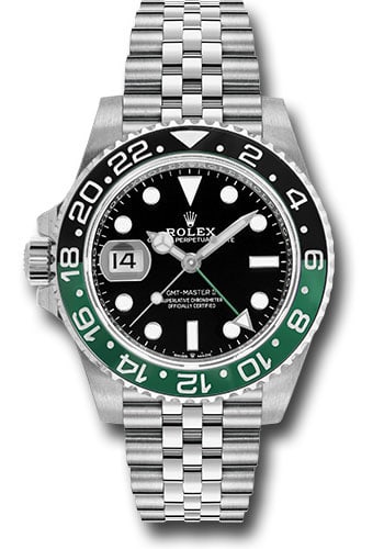 GMT-Master II Sprite Black Dial Jubilee Bracelet Ref 126720VTNR with 2025 Card: GMT-Master II Sprite Black Dial Jubilee Bracelet Ref 126720VTNR with 2025 Card This Rolex GMT-Master II Sprite features a black dial and a rotating bezel, presented on a Jubilee bracelet. The watch is