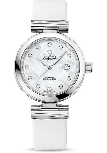 De Ville Ladymatic White Diamond Dial Watch on Leather Strap Ref 425.32.34.20.55.002: De Ville Ladymatic White Diamond Dial Watch on Leather Strap Ref 425.32.34.20.55.002 This Omega De Ville Ladymatic Omega Co-Axial watch features a white diamond dial and a smooth bezel. It is designed
