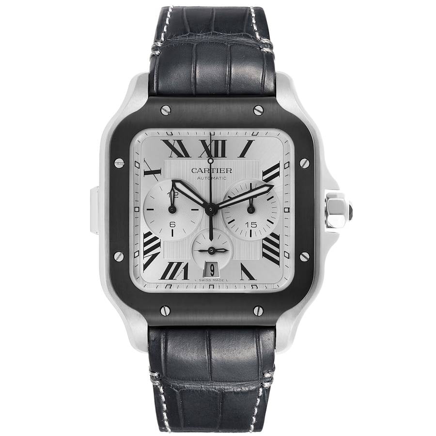 Mens Santos Chronograph Watch with Silver Dial Leather Ref 4183: Mens Santos Chronograph Watch with Silver Dial Leather Ref 4183 The Cartier Santos Chrono features a silver dial set within a Santos black bezel, complemented by a leather bracelet. This men's watch i