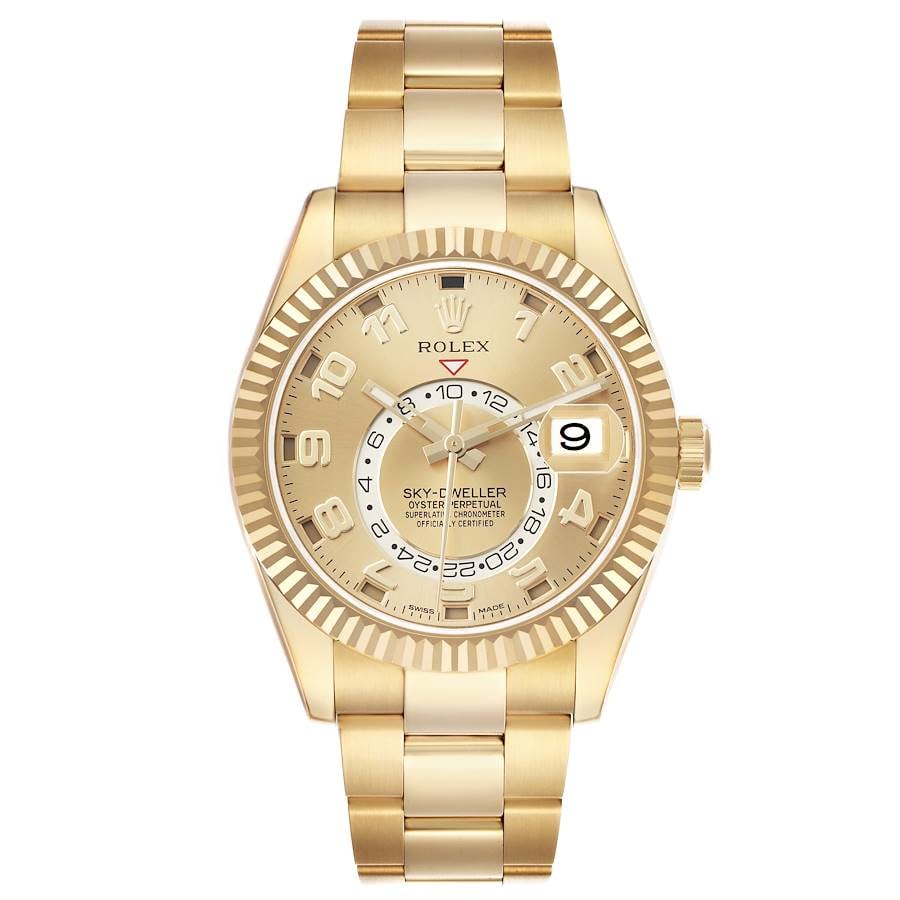 Sky Dweller 326938 Champagne Arabic Dial Oyster Bracelet with Card: Sky Dweller 326938 Champagne Arabic Dial Oyster Bracelet with Card This is a Rolex Sky Dweller watch featuring a champagne sunray Arabic dial and a fluted bezel. It is equipped with an Oyster bracelet
