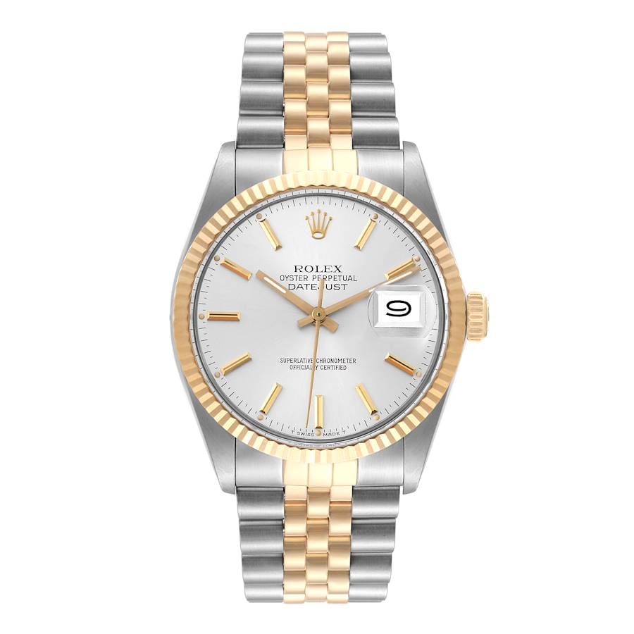Datejust Reference 16013 Silver Stick Dial Watch with Jubilee Bracelet: Datejust Reference 16013 Silver Stick Dial Watch with Jubilee Bracelet This Rolex Datejust watch features a silver stick dial, fluted bezel, and is paired with a D-Link Jubilee bracelet. The timepiece
