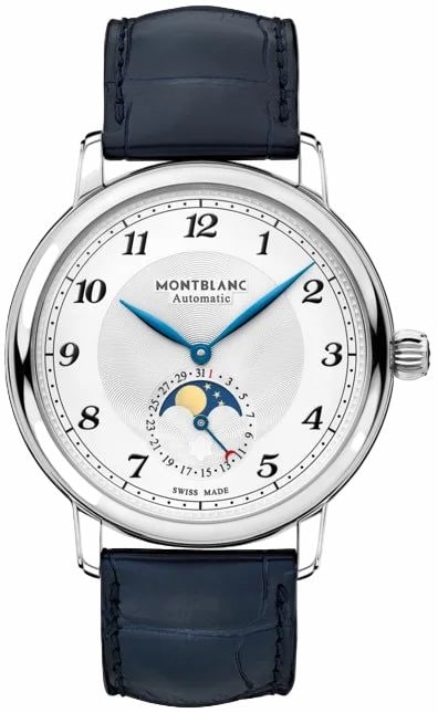 Legacy Moonphase Silver Dial Watch Ref 117578 Leather Band with Card: Legacy Moonphase Silver Dial Watch Ref 117578 Leather Band with Card This Montblanc Legacy Moonphase features a silver dial complemented by a smooth bezel and is fitted with a leather bracelet. The wa