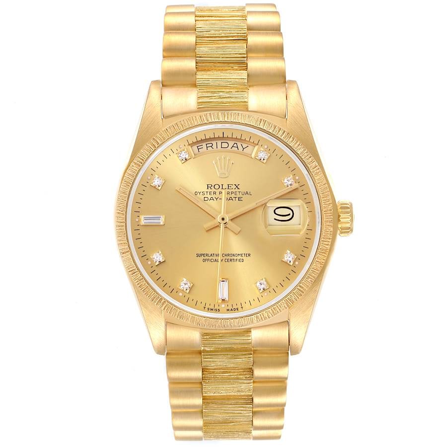 Day-Date Bark Reference 18078 Champagne Diamond Dial President Bark Bracelet Watch: Day-Date Bark Reference 18078 Champagne Diamond Dial President Bark Bracelet Watch This Rolex Day-Date Bark features a champagne diamond factory dial and is equipped with the distinctive President Bar