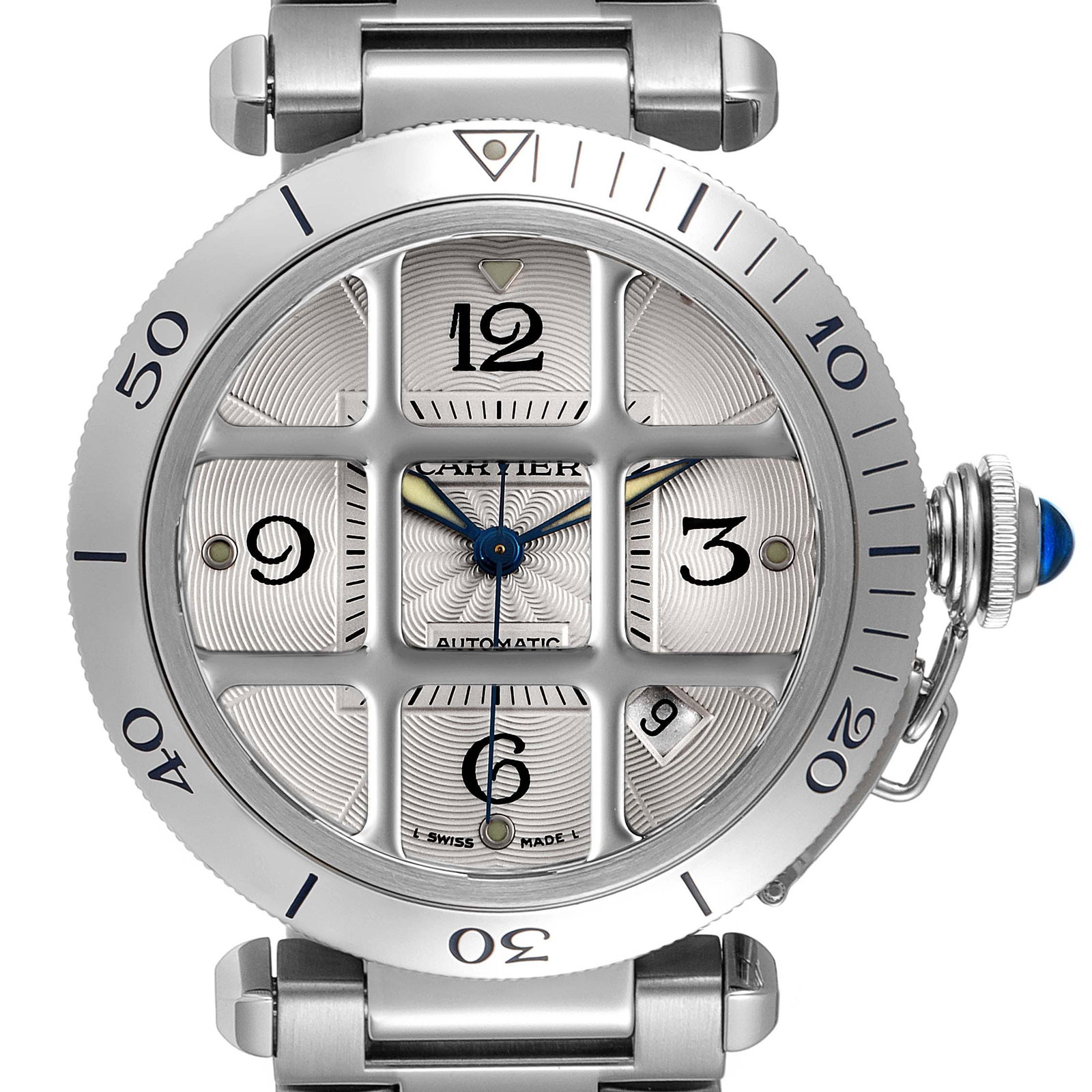Pasha C W31040H3 Stainless Steel Watch with White Dial by Cartier: Pasha C W31040H3 Stainless Steel Watch with White Dial by Cartier This Cartier Pasha C features a white dial and a fixed bezel, complemented by a stainless steel bracelet. Designed as a unisex timepie