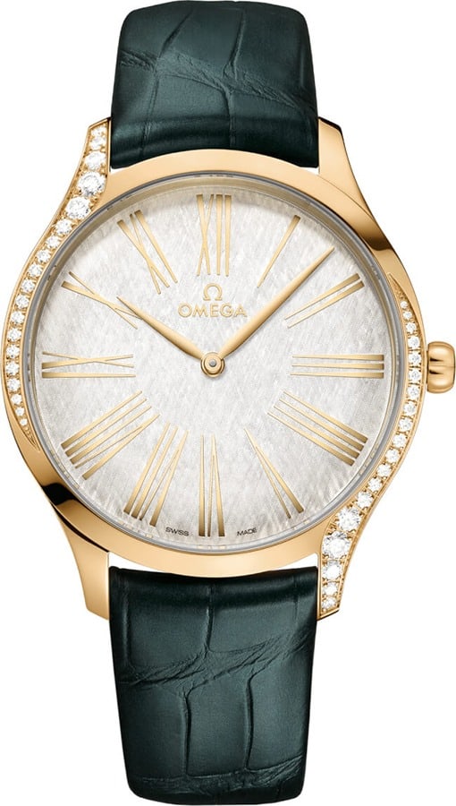 De Ville White Face Omega Watch Diamond Bezel Leather Ref 428.58.39.60.02.001 Card: De Ville White Face Omega Watch Diamond Bezel Leather Ref 428.58.39.60.02.001 Card This Omega De Ville men's watch features a white dial complemented by a smooth bezel adorned with diamonds and is pai