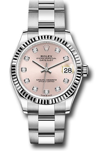 Ladies Datejust 31 Fluted Bezel Pink Diamond Dial Oyster Bracelet Watch Ref 278274: Ladies Datejust 31 Fluted Bezel Pink Diamond Dial Oyster Bracelet Watch Ref 278274 This Rolex Datejust 31 features a pink diamond dial and a fluted bezel, paired with an Oyster bracelet. The watch is 