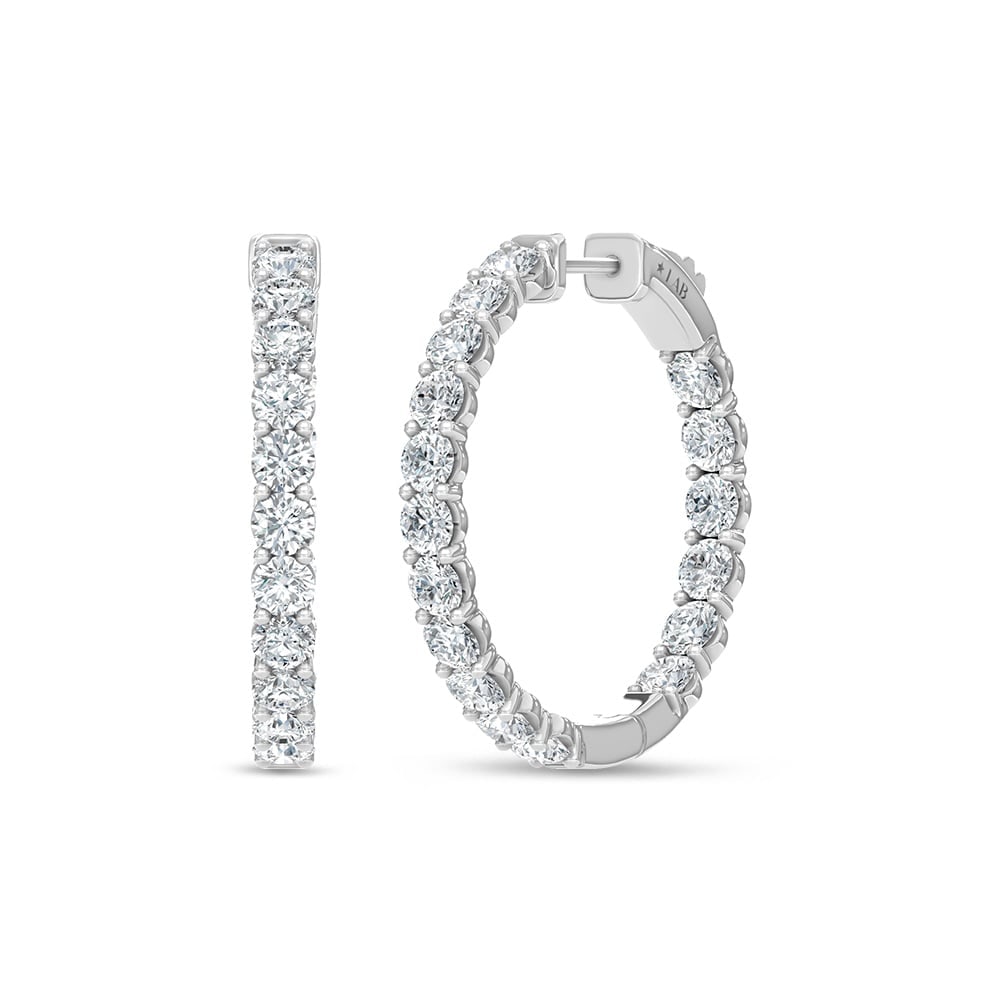14K White Gold Lab Grown Round Diamond 3 Ct.Tw. In and Out Hoop Earrings: 14K White Gold Lab Grown Round Diamond 3 Ct.Tw. In and Out Hoop Earrings Stunning 14K white gold hoops featuring 3 Ct.Tw. lab-grown round diamonds, in and out style. 14k White Gold Stone Color: D-f