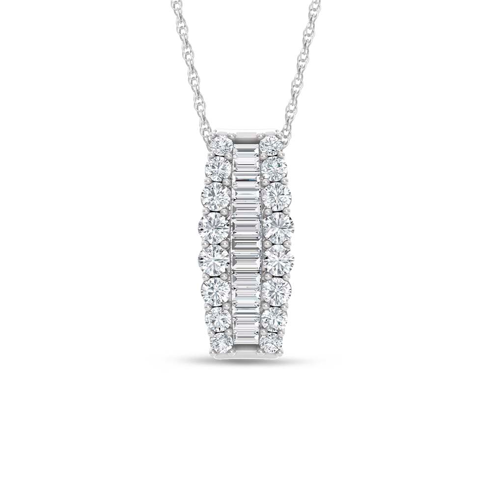 14K White Gold 3 Ct.Tw. Round and Baguette Lab Grown Diamond Fashion Pendant: 14K White Gold 3 Ct.Tw. Round and Baguette Lab Grown Diamond Fashion Pendant This sophisticated fashion pendant in 14K white gold features round and baguette lab-grown diamonds totaling 3 carat total 