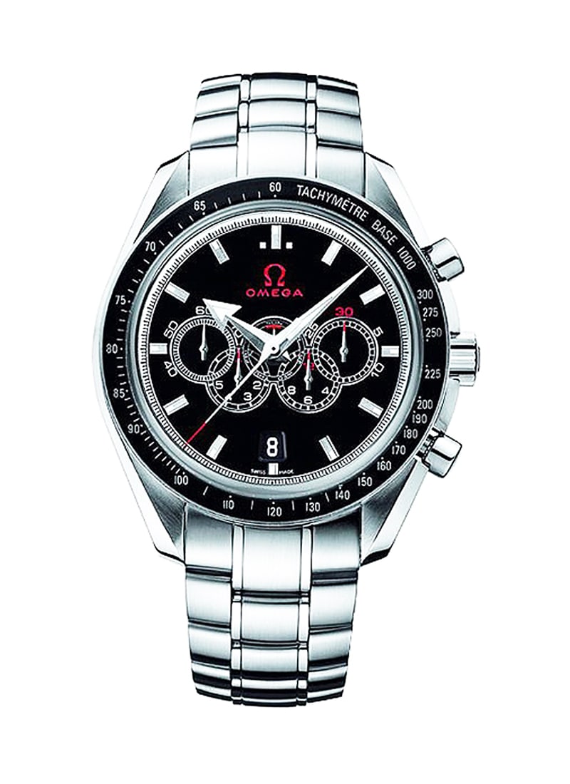 Omega 44mm Broad Arrow Olympic Black Dial Watch Ref 321.30.44.52.01.001 with Card: Omega 44mm Broad Arrow Olympic Black Dial Watch Ref 321.30.44.52.01.001 with Card This Omega Broad Arrow Olympic watch features a black dial and is crafted from stainless steel. The timepiece measures