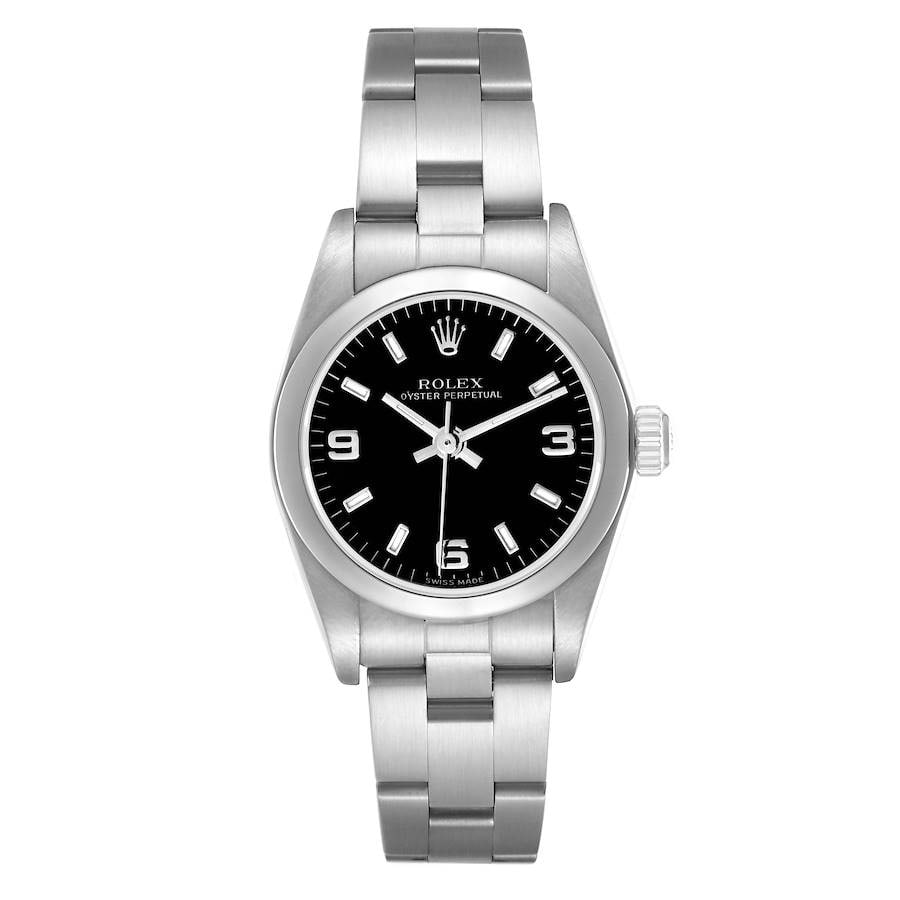 Ladies Rolex Oyster Perpetual Black Dial Reference 76080 Watch: Ladies Rolex Oyster Perpetual Black Dial Reference 76080 Watch This Rolex Oyster Perpetual watch features a black dial and a smooth bezel, designed for ladies. It comes with the signature Oyster brace