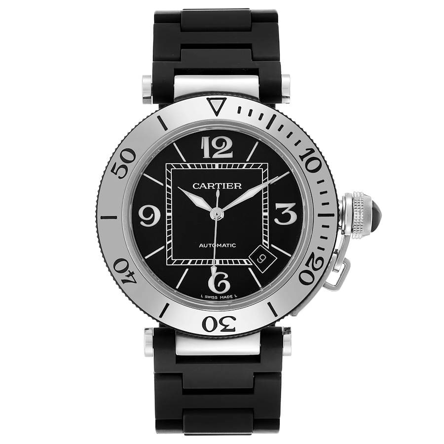 Pasha Seatimer 2790 Black Dial Watch with Rubber Coated Steel Bracelet: Pasha Seatimer 2790 Black Dial Watch with Rubber Coated Steel Bracelet The Cartier Pasha Seatimer features a black dial and a rotating bezel, complemented by a black rubber-coated stainless steel brac