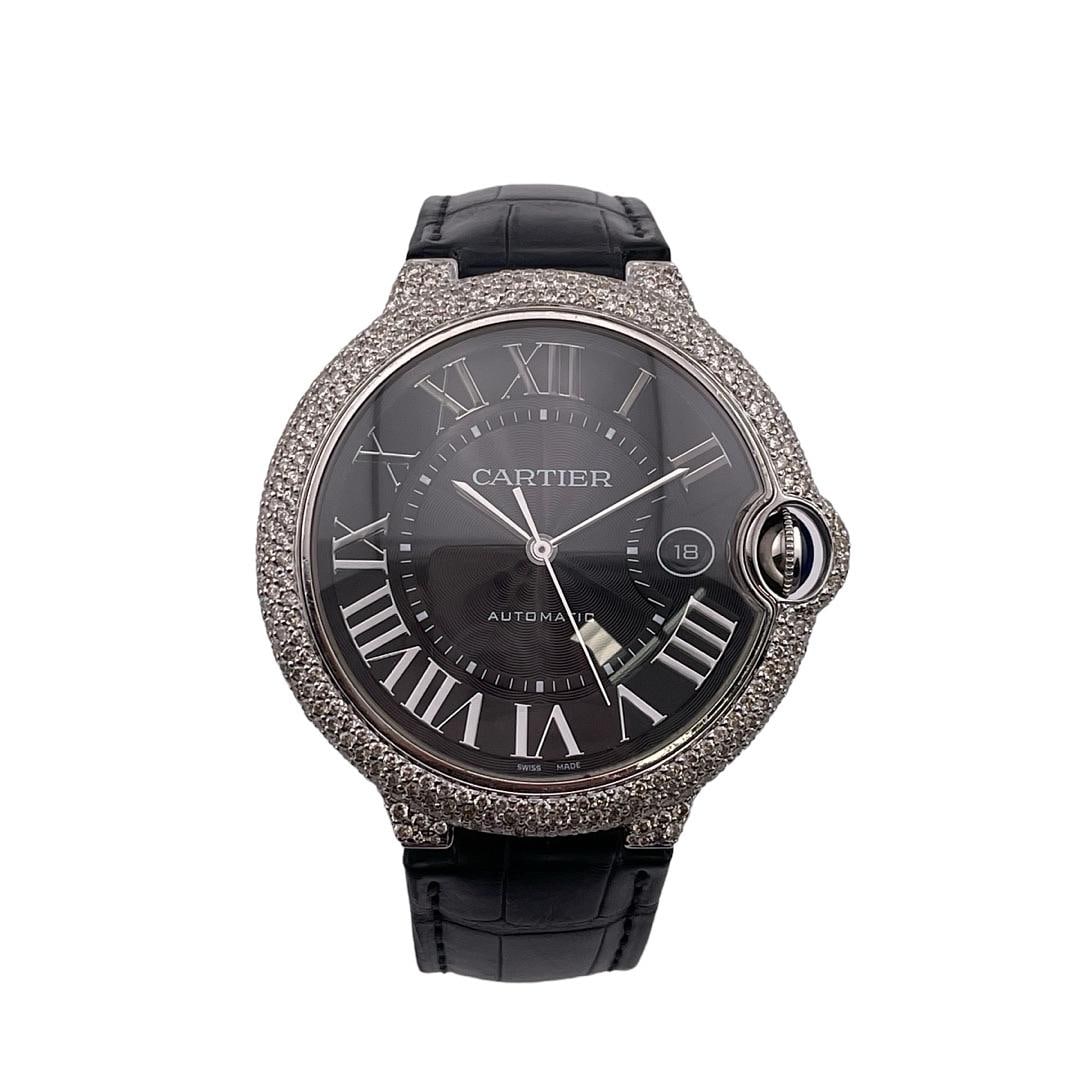 Ballon Bleu Reference 3765 Black Dial Leather Band Diamond Bezel Watch: Ballon Bleu Reference 3765 Black Dial Leather Band Diamond Bezel Watch This Cartier Ballon Bleu watch features a black dial, diamond bezel, and a leather bracelet. Designed for men, it is part of the 