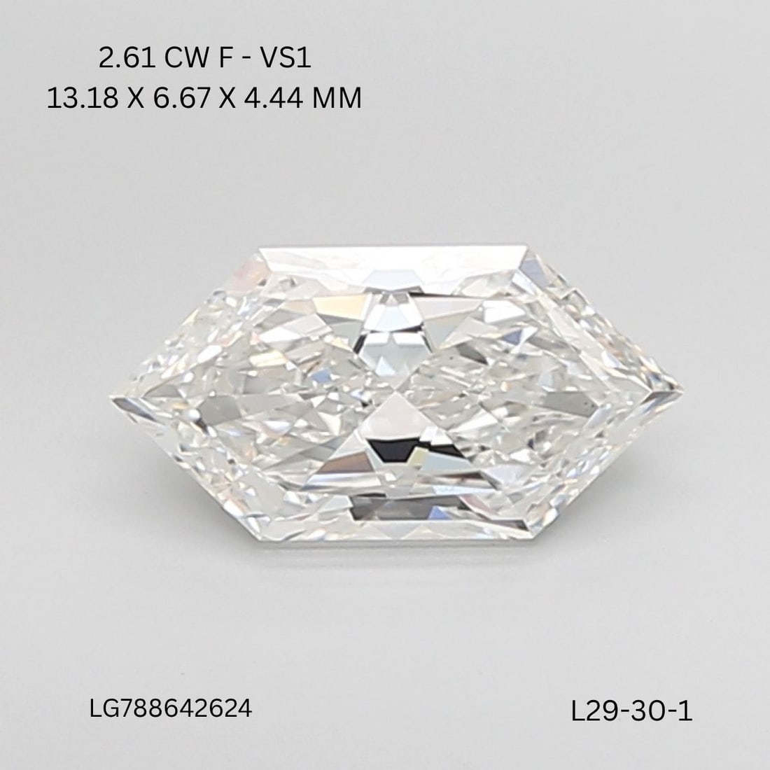 Loose Diamond - HEXAGONAL 2.61ct F VS1: Loose Diamond - HEXAGONAL 2.61ct F VS1 Source: This is a real non-mined Diamond that has been grown in a lab Shape: HEXAGONAL Carats: 2.61 Color: F Clarity: VS1 Certification: IGI Video: