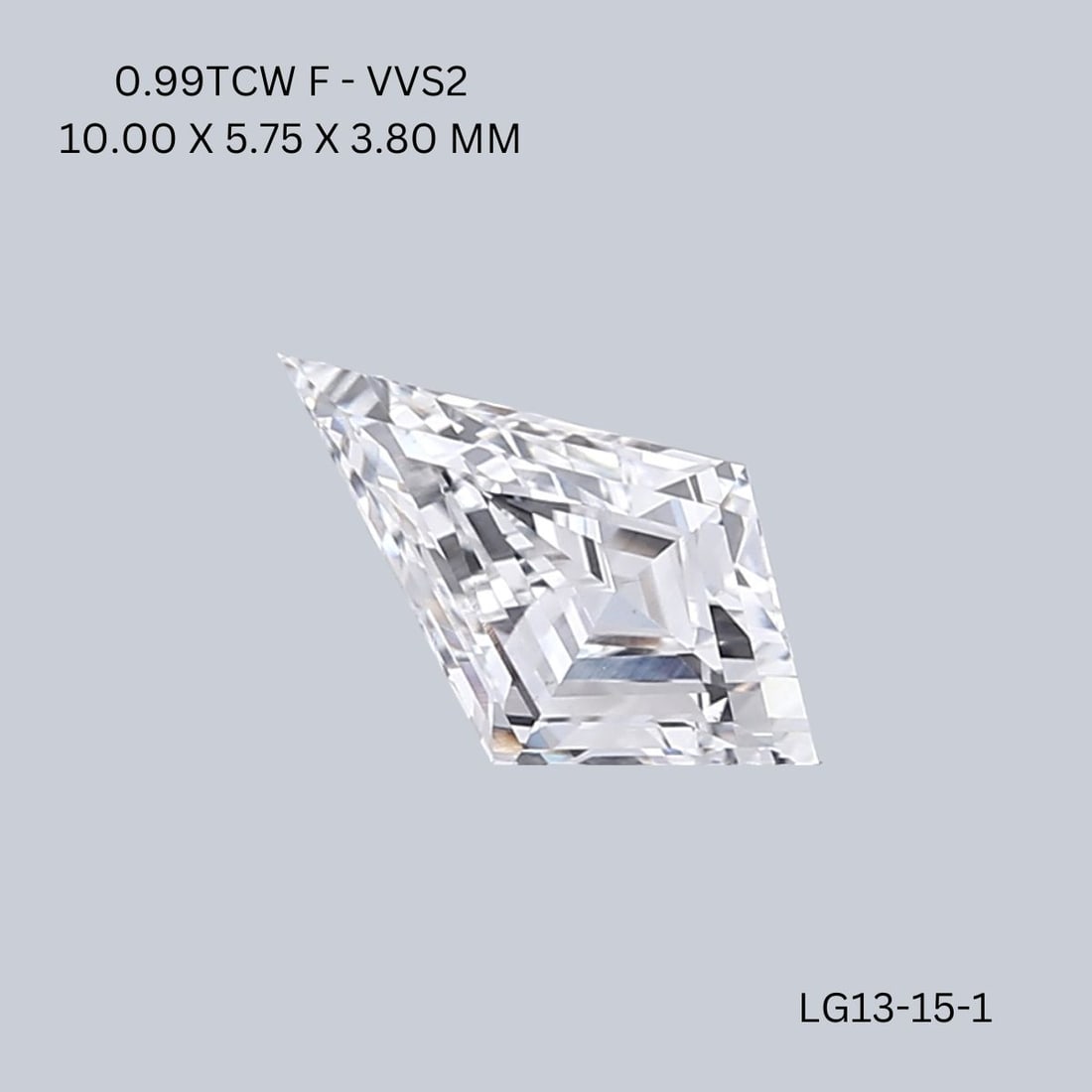 Loose Diamond - KITE 0.99ct F VVS2: Loose Diamond - KITE 0.99ct F VVS2 Source: This is a real non-mined Diamond that has been grown in a lab Shape: KITE Carats: 0.99 Color: F Clarity: VVS2 Certification: NONE Video: