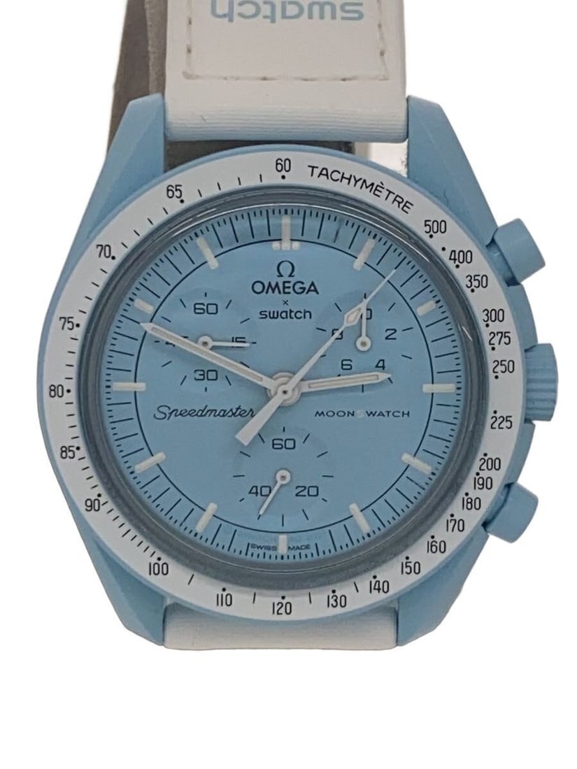 Omega x Swatch Uranus Quartz Blue Faux Leather Men's Wristwatch: Omega x Swatch Uranus Quartz Blue Faux Leather Men's Wristwatch This OMEGAxSWATCH Mission to Uranus men's wristwatch features a blue design and a quartz movement. The case is crafted from faux leather