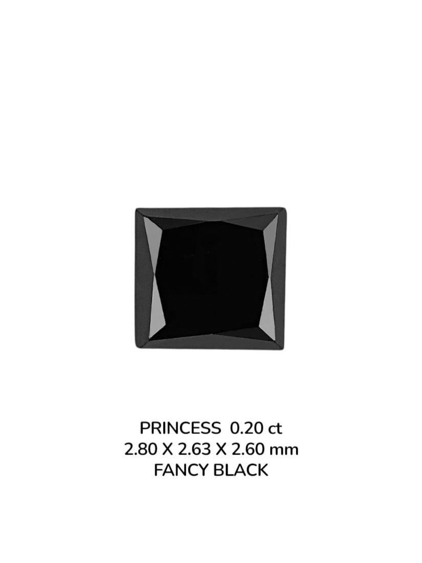 Loose Diamond - PRINCESS 0.2ct Fancy Black VVS2: Loose Diamond - PRINCESS 0.2ct Fancy Black VVS2 Source: Natural Shape: PRINCESS Carats: 0.2 Color: Fancy Black Certification: NONE The Diamond Depot Guarantee: All items in this auction are