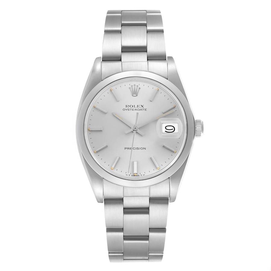 Rolex Oysterdate Precision 6694 Silver Stick Dial Oyster Rivet Bracelet: Rolex Oysterdate Precision 6694 Silver Stick Dial Oyster Rivet Bracelet This Rolex Oysterdate Precision features a silver stick dial, smooth bezel, and is paired with an Oyster rivet bracelet. The wat