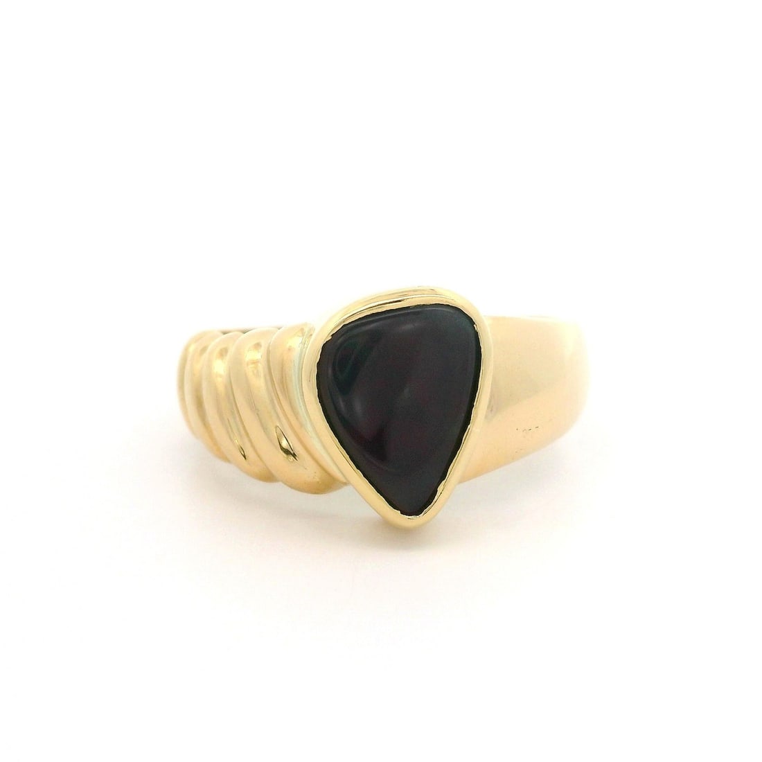 18k Yellow Gold Triangular Bezel Natural Ammolite Solitaire Ring: 18k Yellow Gold Triangular Bezel Natural Ammolite Solitaire Ring This exquisite solitaire ring features a stunning natural genuine Ammolite stone, showcasing a beautiful triangular cut that displays a