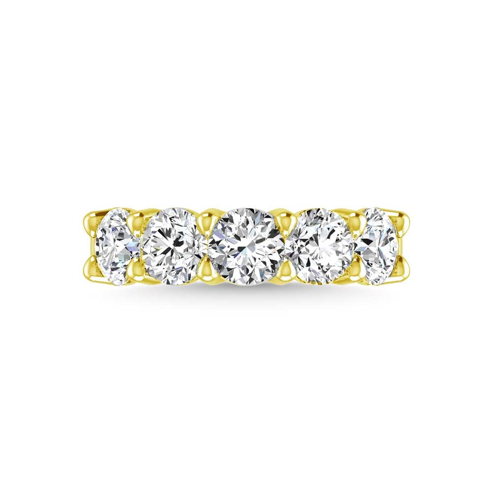 18K Yellow Gold 2 5/8 CT Tw. Round Shape Diamond Five Stone Anniversary Band: 18K Yellow Gold 2 5/8 CT Tw. Round Shape Diamond Five Stone Anniversary Band 18k Yellow Gold Stone Color: G-h Stone Clarity: Si Each ring is presented in standard size 6.5. Complimentary resizing is a