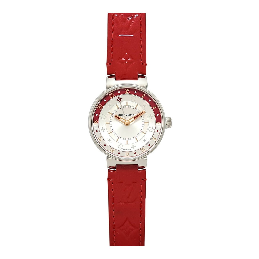 Louis Vuitton Tambour Moon Dual Time MM Quartz Wristwatch: Louis Vuitton Tambour Moon Dual Time MM Quartz Wristwatch This Louis Vuitton Tambour Moon Dual Time MM wristwatch features a stainless steel case with a silver dial and a leather band with stainless s