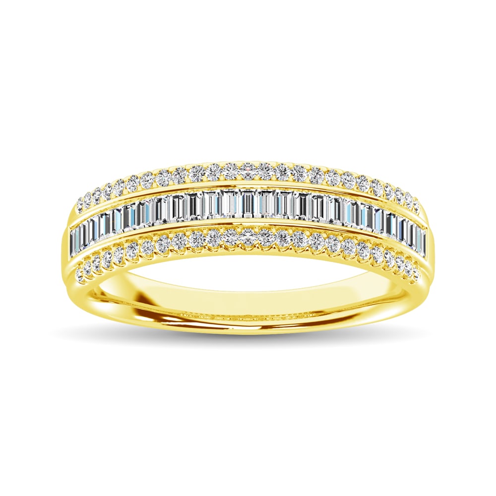 14K Yellow Gold Round and Baguette Diamond 2/5 Ct.Tw. Anniversary Band: 14K Yellow Gold Round and Baguette Diamond 2/5 Ct.Tw. Anniversary Band Dare to dazzle with this stunning women's band. It showcases both round and baguette diamonds totaling in 2/5 CT.TW. along half