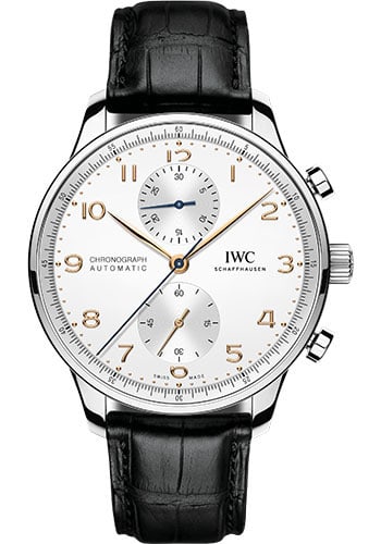 IWC Portugieser Chronograph Leather Band Silver Gold Arabic Dial Ref IW371604: IWC Portugieser Chronograph Leather Band Silver Gold Arabic Dial Ref IW371604 This IWC Portugieser Chronograph features a silver dial with gold Arabic numeral markers, complemented by a smooth bezel a