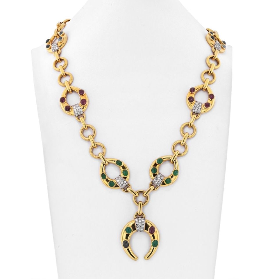 David Webb 18K Yellow Gold Celtic Crescent Necklace with Emerald Ruby Diamond: David Webb 18K Yellow Gold Celtic Crescent Necklace with Emerald Ruby Diamond This exquisite David Webb necklace features a stunning combination of 18K yellow gold and platinum, showcasing a beautiful
