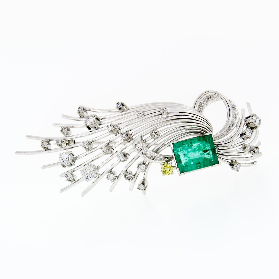 Antique Art Deco Platinum 7.3ctw GIA Colombian Emerald Diamond Brooch: Antique Art Deco Platinum 7.3ctw GIA Colombian Emerald Diamond Brooch This exquisite antique brooch showcases a stunning 4.65-carat GIA certified Colombian emerald, elegantly crafted from solid .900 p