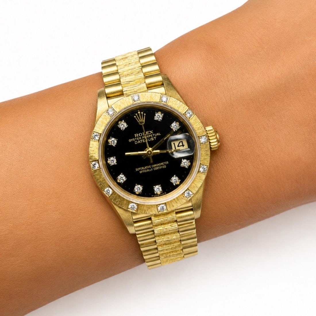 Rolex 69178 Ladies President Bark Finish 18K Yellow Gold Automatic: Rolex 69178 Ladies President Bark Finish 18K Yellow Gold Automatic This is a pre-owned Rolex 69178 Ladies President watch crafted in 18K yellow gold, featuring a distinctive bark finish. The watch has