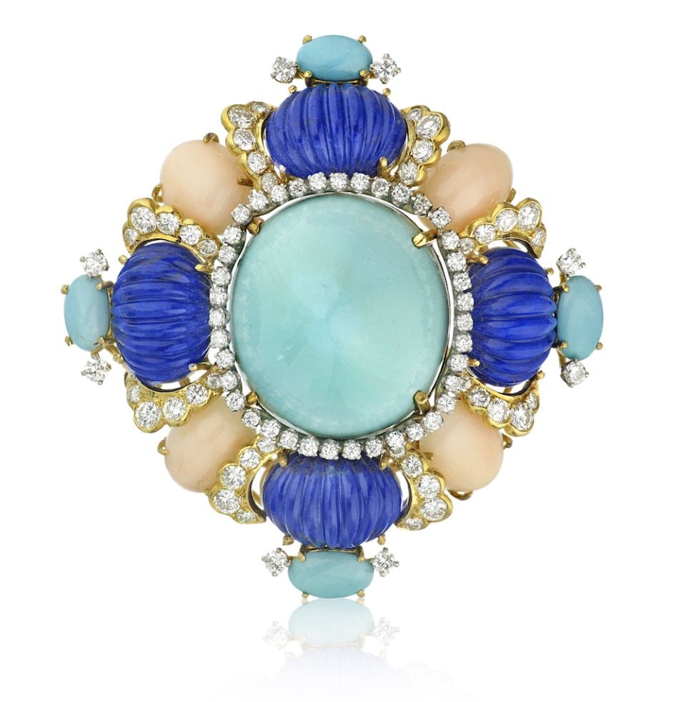 1960s 18K Yellow Gold Coral Lapis Turquoise Diamond Brooch 4 Carats: 1960s 18K Yellow Gold Coral Lapis Turquoise Diamond Brooch 4 Carats This exquisite brooch, crafted in the 1960s, showcases a stunning combination of 4 carats of round diamonds alongside light pink cor